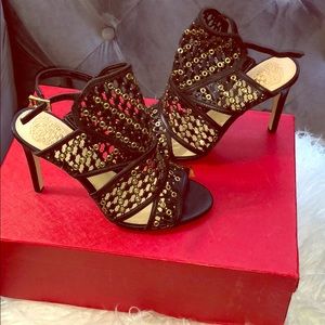 Vince Camuto Black &Gold Caged Open Toe Heels